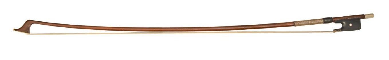 A violin bow, stamped Cuniot-Hury Mirecourt, early 20th c, round stick, ebony frog with mother of
