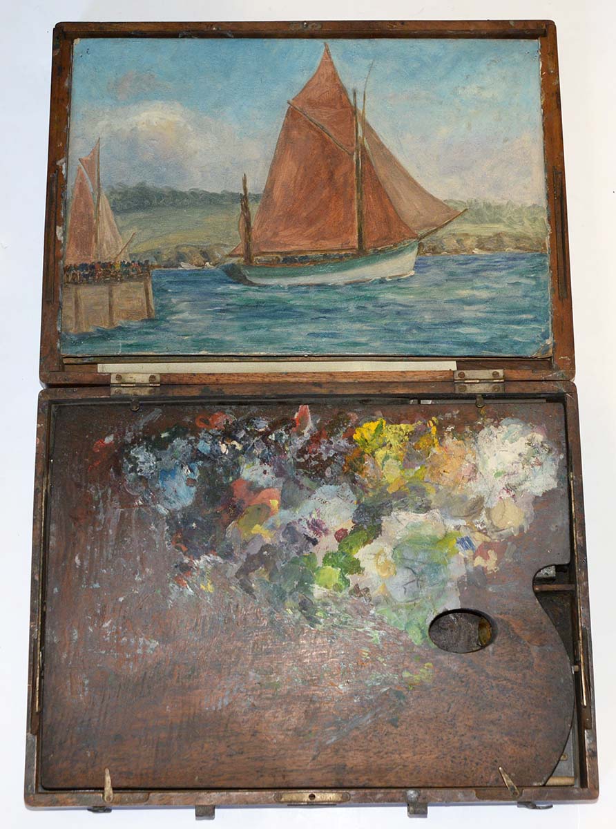 A 19th c artist's rectangular mahogany box, enclosing palette and various brushes, 38cm w, early - Image 5 of 5