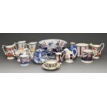 A Victorian Gaudy Welsh punch bowl and a group of similar contemporary jugs, mugs and teaware, mid