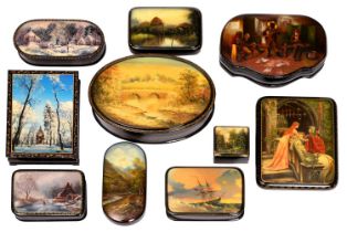 Ten Russian (Soviet) Palekh lacquer boxes, late 20th c, variously signed, largest 18cm l Good