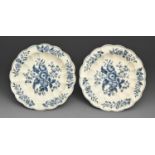 A pair of Worcester fluted blue and white pates, c1785, transfer printed in underglaze blue with the