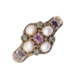 A Victorian split pearl, foiled amethyst and emerald mourning ring, in gold, with glazed reverse,