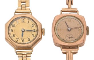 Two 9ct gold lady's wristwatches, c1920, octagonal and cushion shaped, wire lugs, on plated