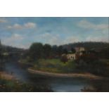English Naive Artist, late 19th c - Scene on the River Severn near Ironbridge, oil on canvas, 34.5 x