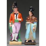 Two Jacob Petit man and woman figural scent bottles and stoppers, mid 19th c, 17 and 20cm h,