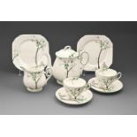 A Shelley bone china tea set for two, c1940, of Cambridge shape, decorated with trees in green and