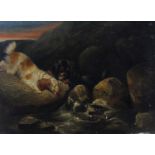 English School, 19th c - Two Spaniels and a Duck, oil on panel, 14 x 18.5cm Cleaned and re-varnished