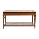 A walnut library table, early 20th c, the rectangular fabric inlet top with a slide at either end,