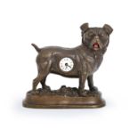 A French or German bronzed spelter pug dog novelty timepiece, with enamel dial and red