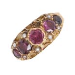 A Victorian amethyst and pearl ring, in 15ct gold, with chased loop, Chester 1883, 2.6g, size K