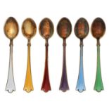 A Harlequin set of six Norwegian silver gilt and guilloche enamel coffee spoons, second quarter 20th