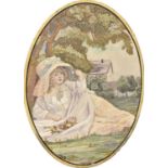 An Edwardian embroidered and painted silk picture of "The Butterfly" after the engraving by