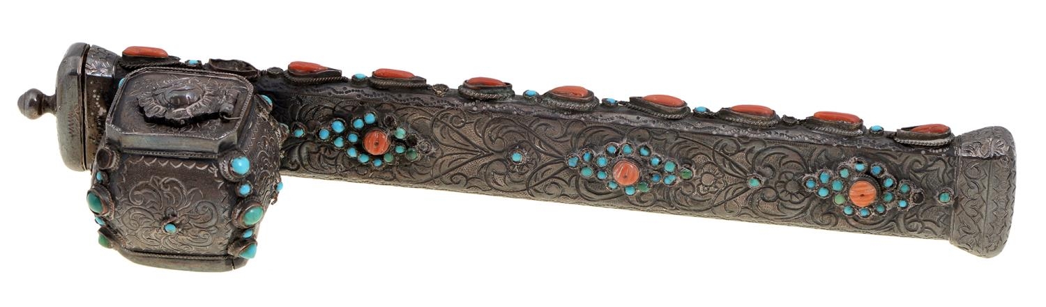 An Ottoman or later turquoise and coral mounted silver coloured metal scribe's pen box and