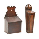 Two oak and fruitwood candle boxes, 19th c, 38cm and circa Good restored condition