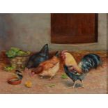 Follower of Edgar Hunt - Hens and a Rabbit by a Rabbit Hutch, bears signature, oil on canvas, 27 x
