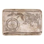 A Russian silver tobacco box, the lid engraved with flowers and a monogram, 12cm l, maker M A in