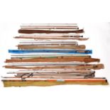 Vintage fishing tackle. A quantity of vintage rods, including bamboo two-piece beach casting rod, an