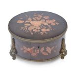 A French brass mounted marquetry jewel box, late 19th c, decorated with flowers, plush lined