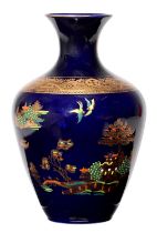 A John Tams cobalt ground earthenware vase with chinoiserie decoration, c1930, 21cm h, printed