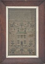 A Welsh language linen sampler, Mary Williams', early 19th c, worked with house, animals, birds