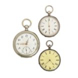 Three various Swiss silver cylinder watches, late 19th c, various sizes Dial of one cracked,