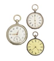 Three various Swiss silver cylinder watches, late 19th c, various sizes Dial of one cracked,