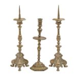 A pair of cast brass pricket sticks, late 19th c, in Renaissance style, 50cm h and another