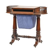 A George IV mahogany work table in the manner of Gillows, with galleried bow ends, figured lid and
