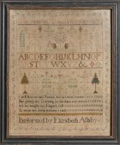 A George III linen sampler, Perform'd by Elizabeth Ashby, late 18th c, worked with deer behind a