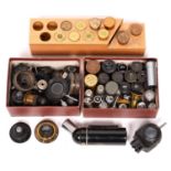 Microscopy.  Miscellaneous microscope eyepieces, objective lenses, lens cans, condensers and other