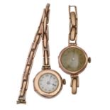 Two 9ct gold lady's wristwatches, Chester 1929 and circa, each on damaged expanding gold bracelet