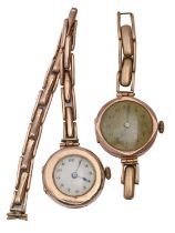 Two 9ct gold lady's wristwatches, Chester 1929 and circa, each on damaged expanding gold bracelet