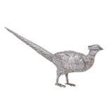 A German silver pheasant novelty scent bottle and stopper, the head forming the stopper, 13cm l,