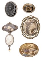 A Victorian giltmetal mourning brooch, set with a contemporary photograph, another mourning brooch