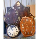 An oak octagonal electric wall clock, c. 1950, white plastic Arabic numerals, another two electric