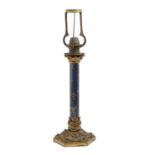 A Victorian gilt lacquered brass and blue japanned candlestick, Palmer & Co Patent, on ornate
