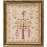 A linen Adam and Eve sampler, early 19th c, the two figures worked in bright pink wool, Eve taking