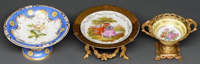 A French giltmetal mounted yellow ground porcelain dish, a similar plate and a 19th c English