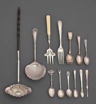 A French silver shell shaped ladle, early 20th c, maker's and control marks and miscellaneous