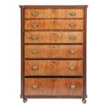 A Dutch walnut and inlaid chest of drawers, 19th c, with fluted angles and oval brass handles, 142cm