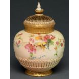 A Royal Worcester rose jar, cover and inner cover, 1900, printed and painted with flowers on a