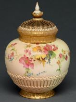 A Royal Worcester rose jar, cover and inner cover, 1900, printed and painted with flowers on a