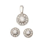 A diamond cluster pendant and matching ear studs, in white gold, pendant cluster 8mm diam, marked