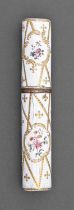 A copper gilt and enamel bodkin case, 19th c, painted with flowers, on a white ground with gilt