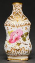 An English porcelain scent bottle, c1820, of moulded, waisted form, painted with a rose and richly