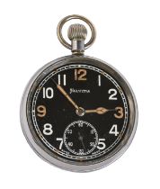 An Helvetia British Army Issue plated keyless lever watch, black dial marked on case back GS/TP