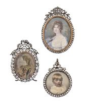 English School, late 19th c - Portrait Miniature of a Young Woman, with curly auburn hair in white