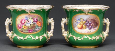 A pair of Royal Worcester flower or fern pots, 1905, painted by E Phillips, signed, a basket of