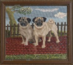 Two woolwork pictures of pug dogs, 39 x 39cm and smaller, both framed Good condition