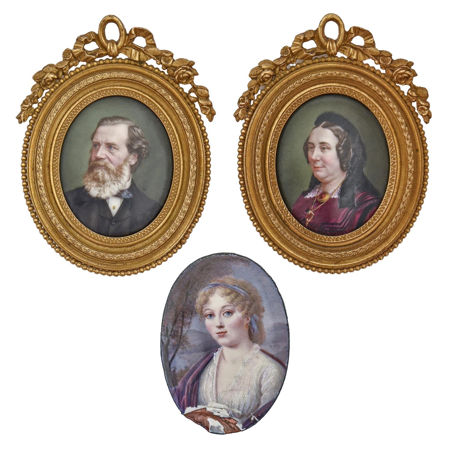 Continental School, late 19th c - Portrait Miniatures of a Lady; a Gentleman, enamel, oval, 46mm,